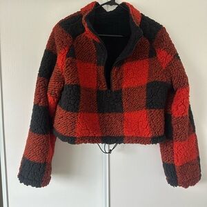BuffBunny Cropped Red and Black Buffalo Plaid Sherpa Half‑Zip